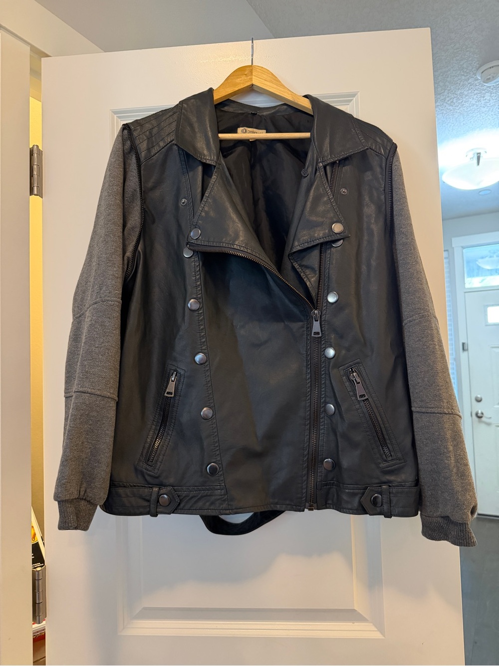 Democracy Black Faux Leather Moto Jacket with Gray Knit Sleeves